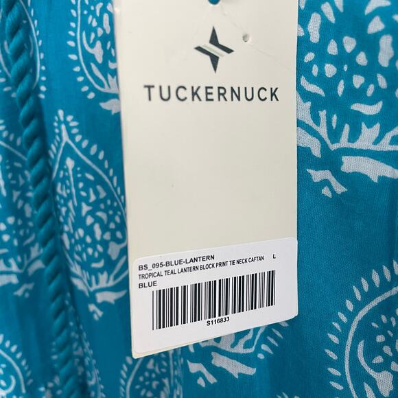 NWT Tuckernuck Tropical Teal Lantern Block Print Tie Neck Caftan Dress Large - Picture 5 of 7